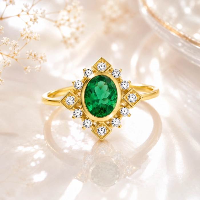 14K Solid Gold Vintage Design Emerald Ring