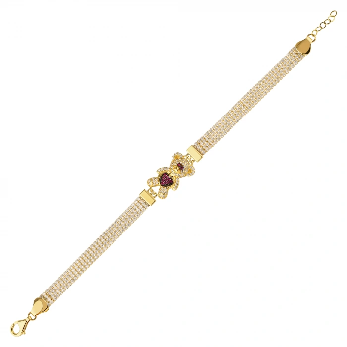 14K Gold Ruby Bear Bracelet, Minimalist Jewelry for Animal Lovers, Cute Bear Bracelet