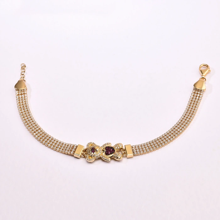 14K Gold Ruby Bear Bracelet, Minimalist Jewelry for Animal Lovers, Cute Bear Bracelet