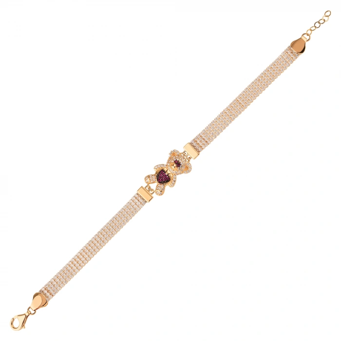 14K Gold Ruby Bear Bracelet, Minimalist Jewelry for Animal Lovers, Cute Bear Bracelet