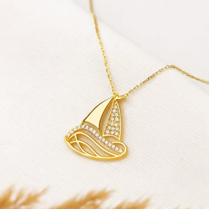 14 Ayar Altın Yelkenli Gemi Kolye, Yelkenli Tekne Kolye, Zarif Denizcilik Takıları