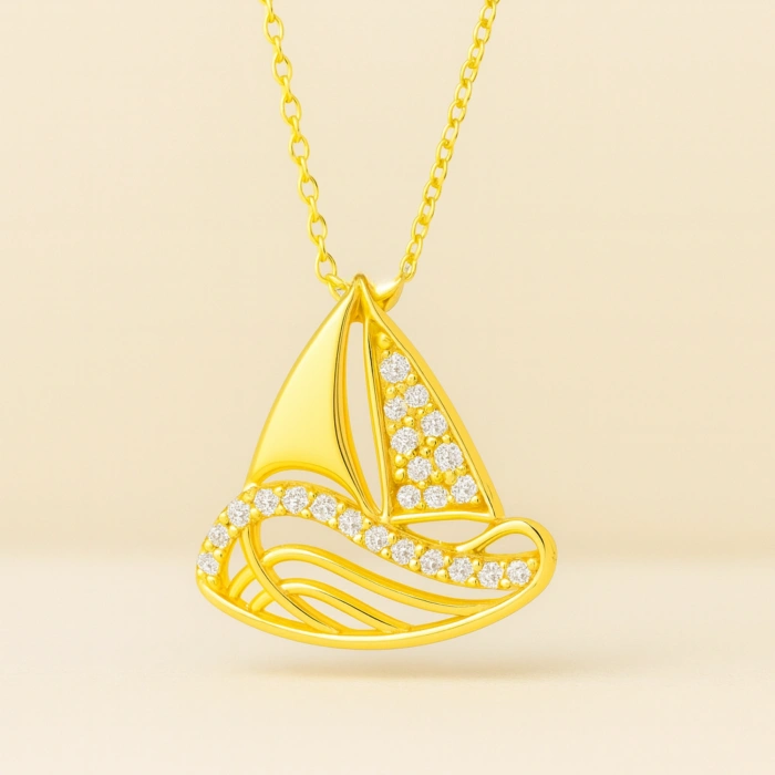 14 Ayar Altın Yelkenli Gemi Kolye, Yelkenli Tekne Kolye, Zarif Denizcilik Takıları