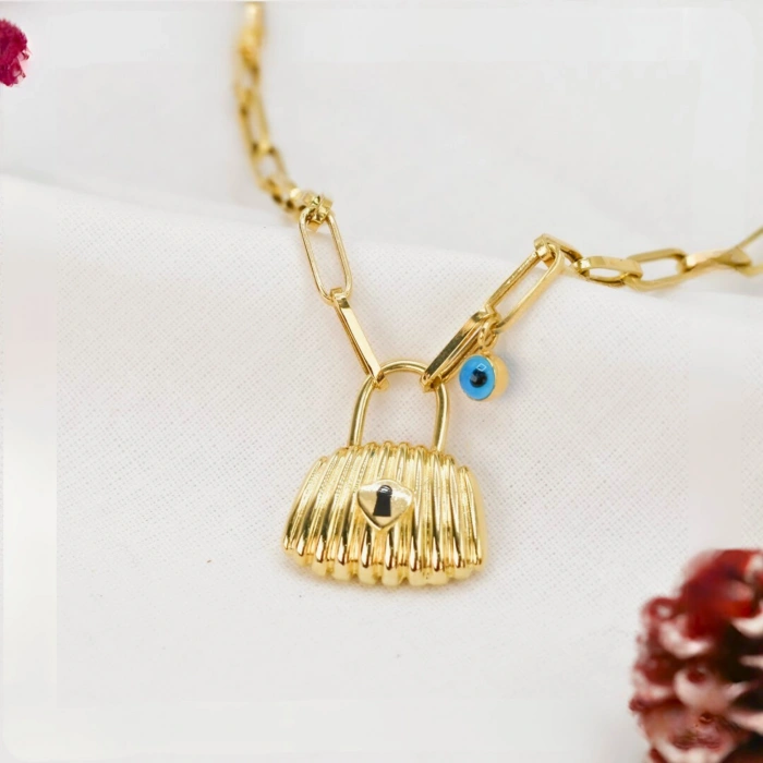 14 Ayar Altın Ataç Zincirli Nazarlık Kilit Kolye