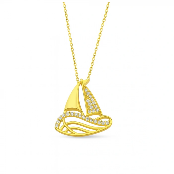 14 Ayar Altın Yelkenli Gemi Kolye, Yelkenli Tekne Kolye, Zarif Denizcilik Takıları