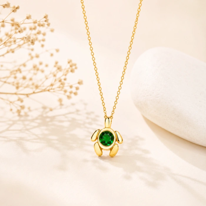 14K Solid Gold Green Emerald Turtle Necklace