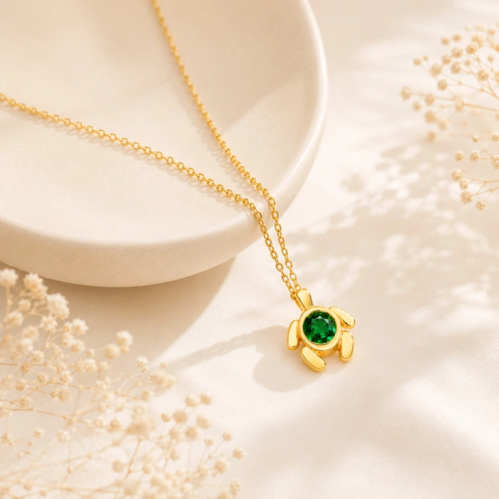 14K Solid Gold Green Emerald Turtle Necklace