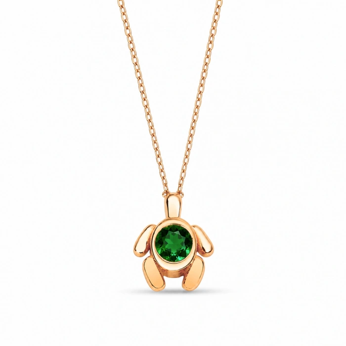 14K Solid Gold Green Emerald Turtle Necklace