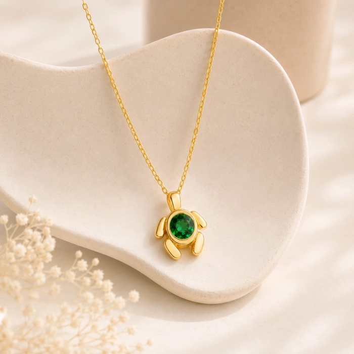 14K Solid Gold Green Emerald Turtle Necklace