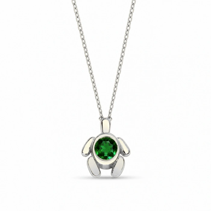 14K Solid Gold Green Emerald Turtle Necklace
