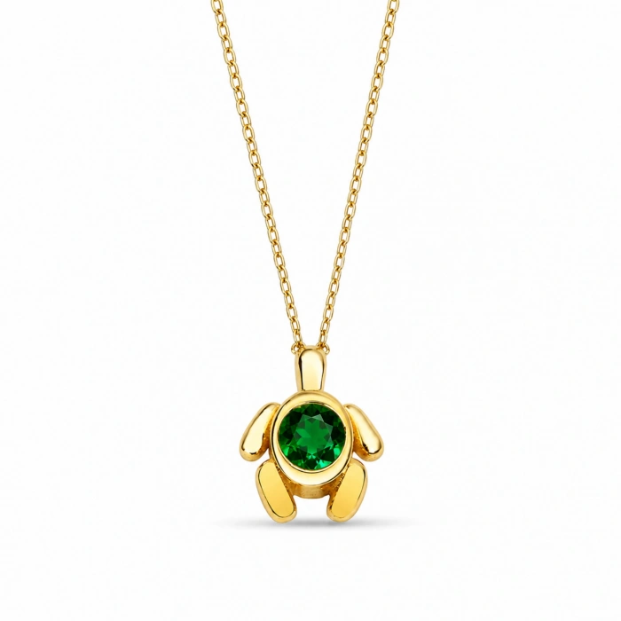 14K Solid Gold Green Emerald Turtle Necklace
