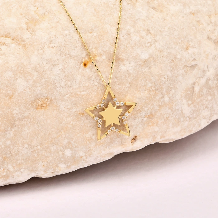 14K Gold Star Necklace, Elegant Gold Star Necklace for Women