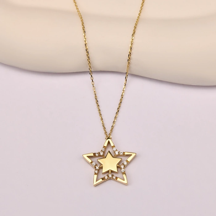 14K Gold Star Necklace, Elegant Gold Star Necklace for Women
