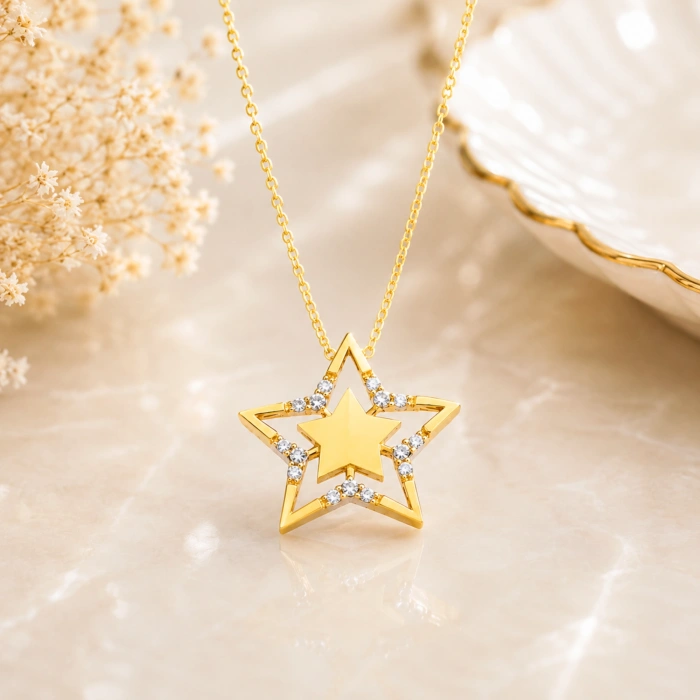 14K Solid Gold Star Necklace