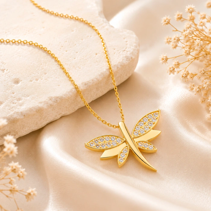 14K Solid Gold Dragonfly Luck Necklace
