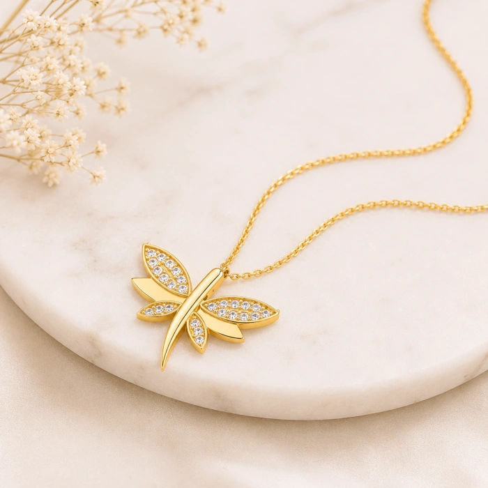 14K Solid Gold Dragonfly Luck Necklace