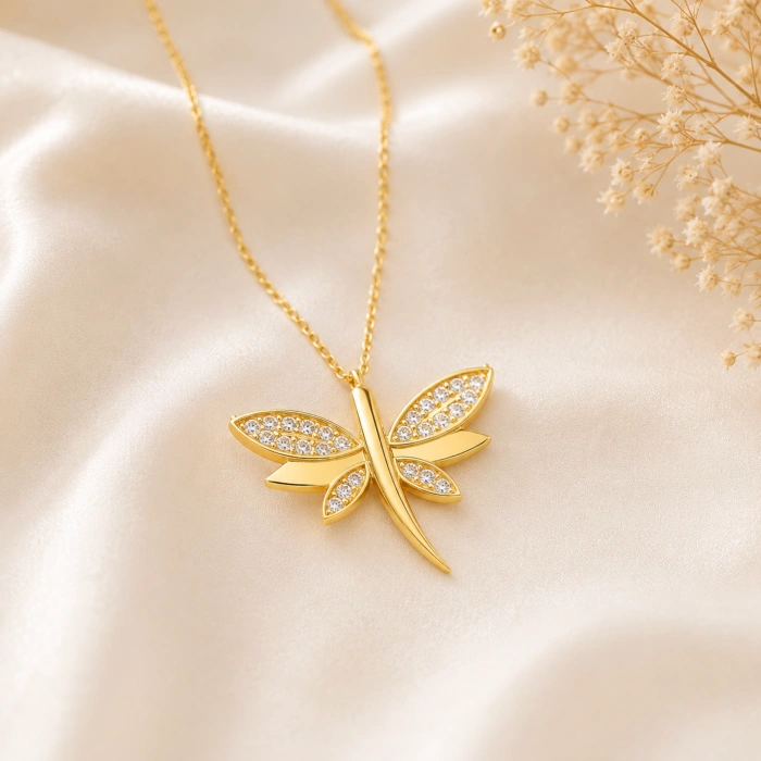 14K Solid Gold Dragonfly Luck Necklace