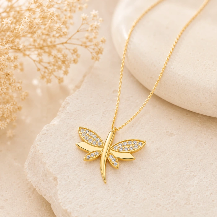 14K Solid Gold Dragonfly Luck Necklace