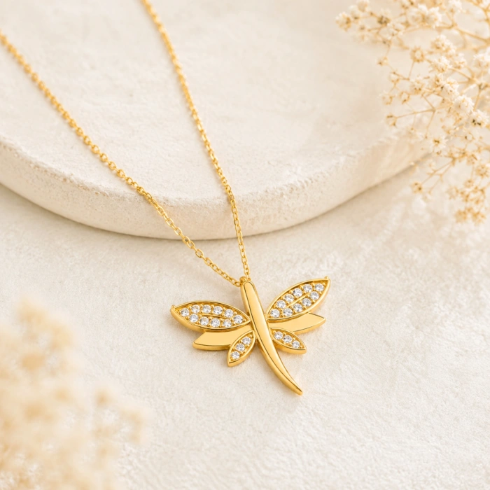 14K Solid Gold Dragonfly Luck Necklace