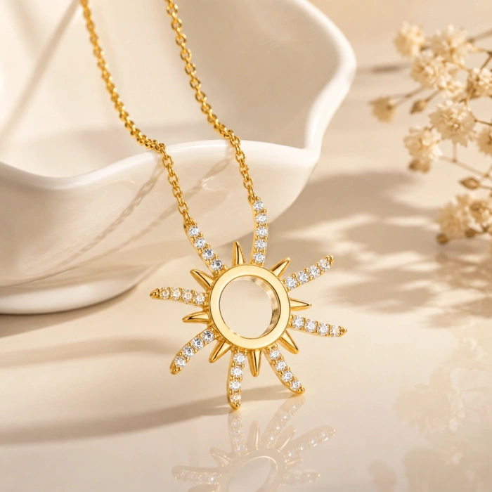 14K Solid Gold Elegant Sun Necklace