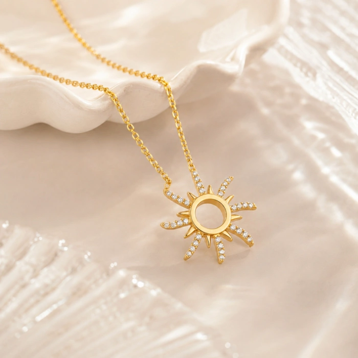 14K Solid Gold Elegant Sun Necklace