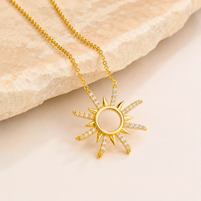 14K Solid Gold Elegant Sun Necklace