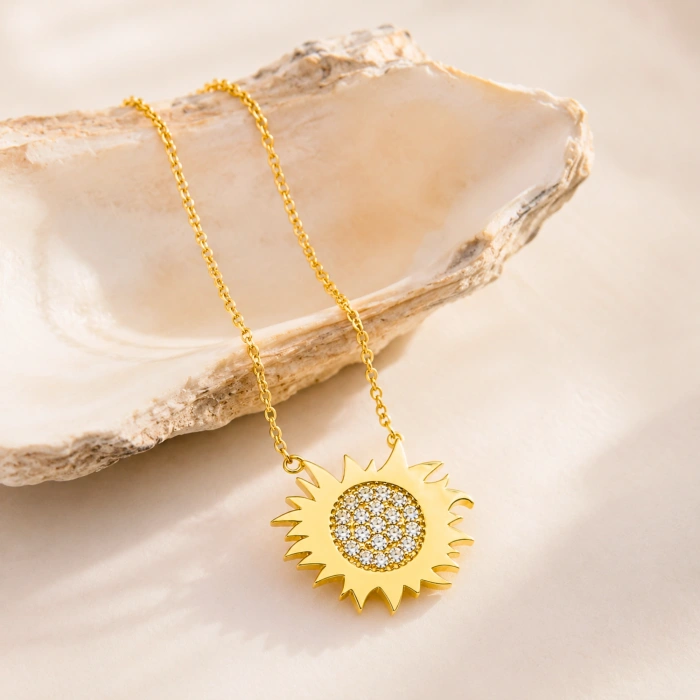 14K Solid Gold Sun Necklace