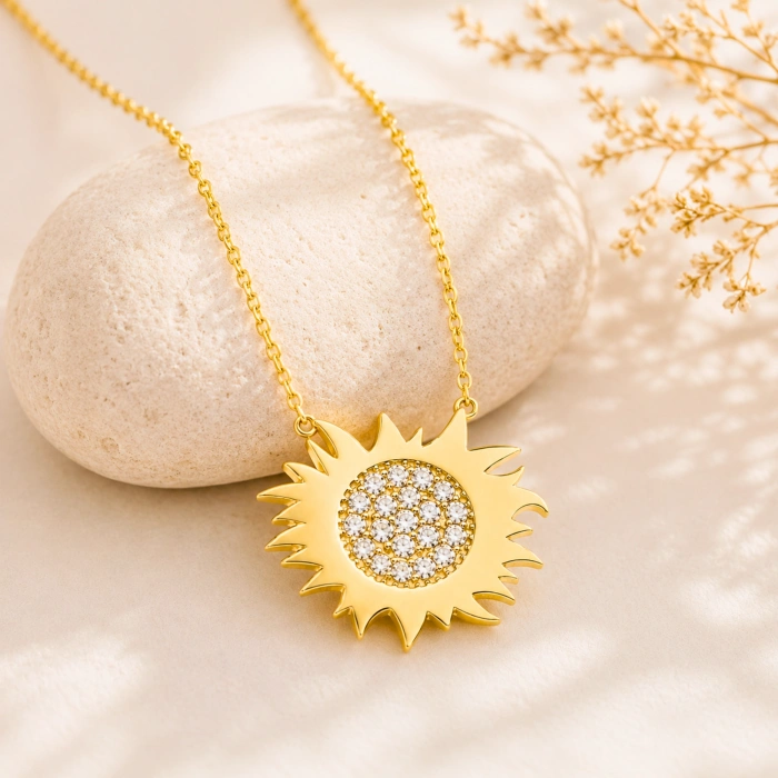 14K Solid Gold Sun Necklace