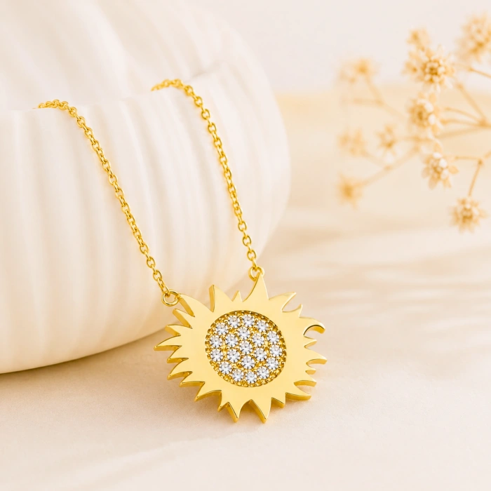 14K Solid Gold Sun Necklace