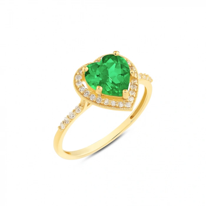 14K Gold Emerald Heart Ring, Precious Stone Rings