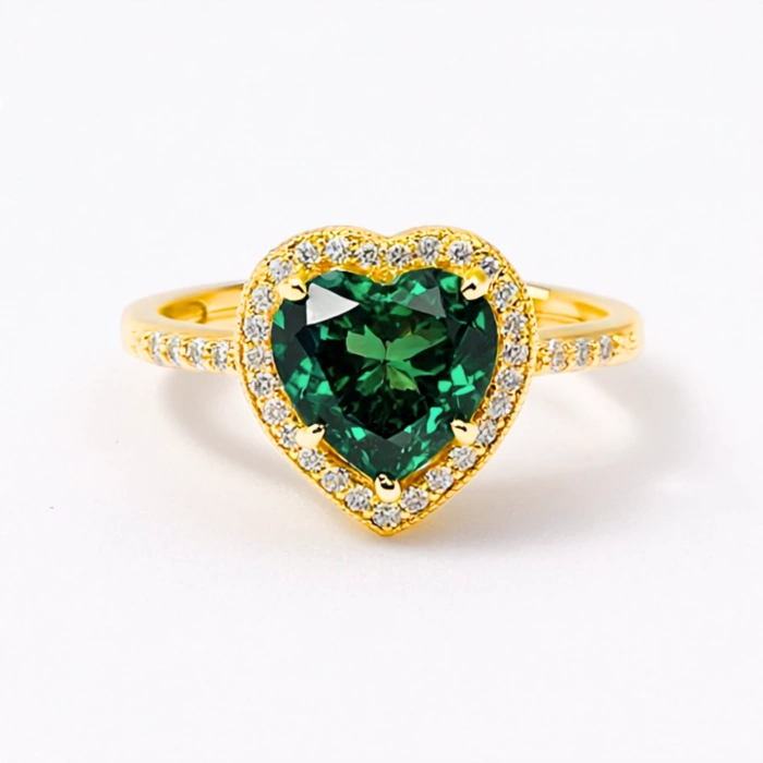 14K Gold Emerald Heart Ring, Precious Stone Rings