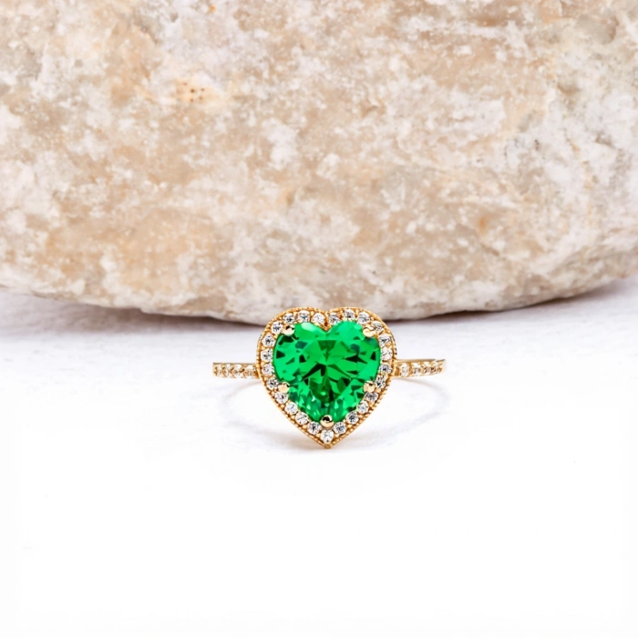 14K Gold Emerald Heart Ring, Precious Stone Rings