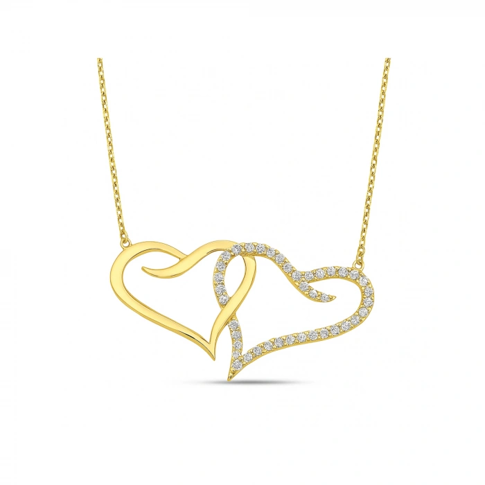 14K Altın Çift Kalp Kolye, Çiftler için İki Kalpli Kolye