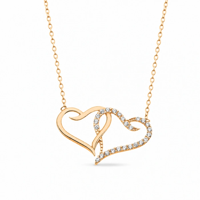 14K Solid Gold Double Heart Necklace, Elegant and Meaningful Two-Heart Necklace for Couples