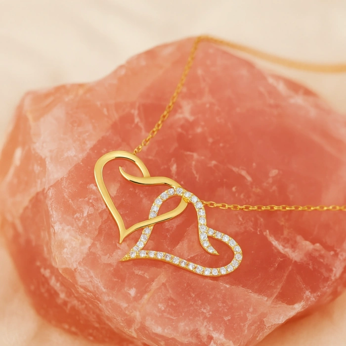 14K Altın Çift Kalp Kolye, Çiftler için İki Kalpli Kolye