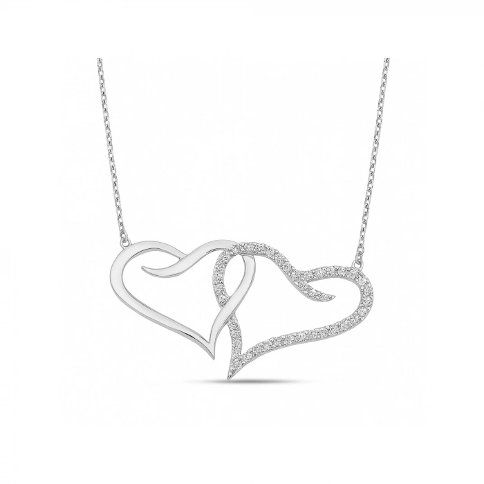 14K Altın Çift Kalp Kolye, Çiftler için İki Kalpli Kolye