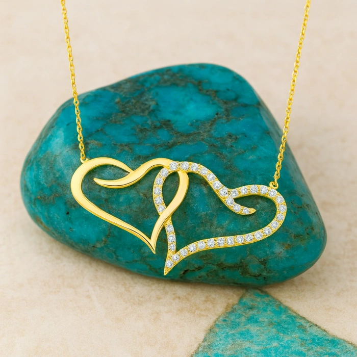 14K Altın Çift Kalp Kolye, Çiftler için İki Kalpli Kolye