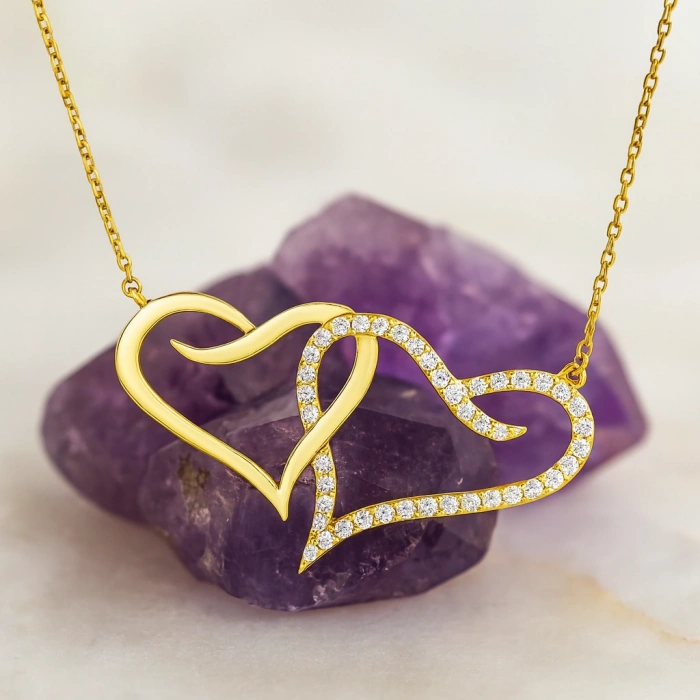 14K Altın Çift Kalp Kolye, Çiftler için İki Kalpli Kolye