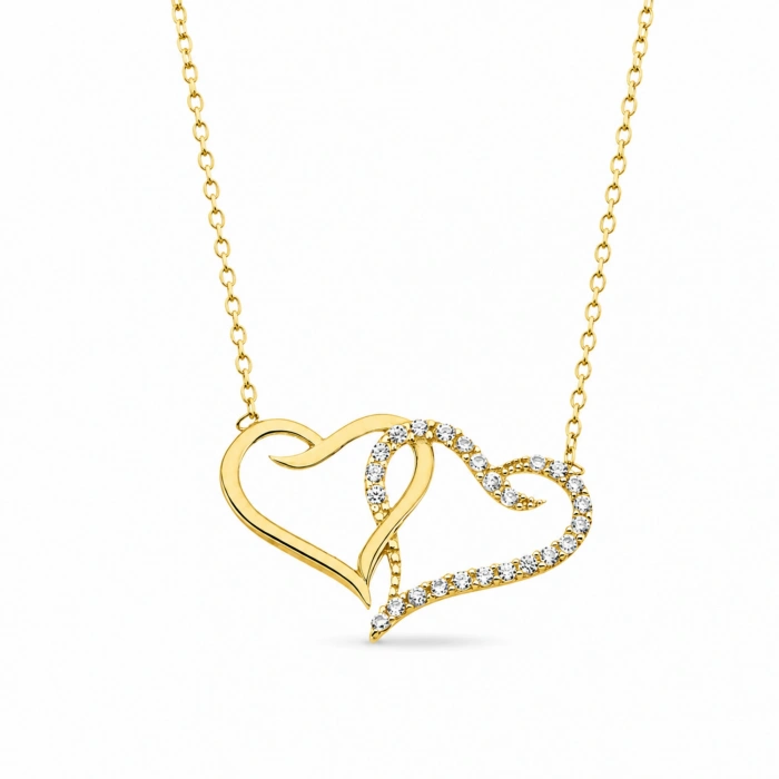 14K Solid Gold Double Heart Necklace, Elegant and Meaningful Two-Heart Necklace for Couples