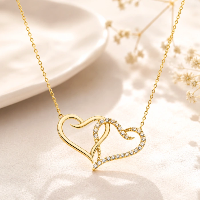 14K Solid Gold Double Heart Necklace, Elegant and Meaningful Two-Heart Necklace for Couples