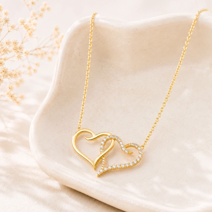 14K Solid Gold Double Heart Necklace, Elegant and Meaningful Two-Heart Necklace for Couples