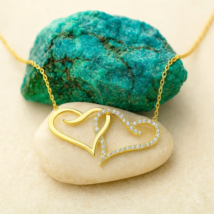 14K Altın Çift Kalp Kolye, Çiftler için İki Kalpli Kolye