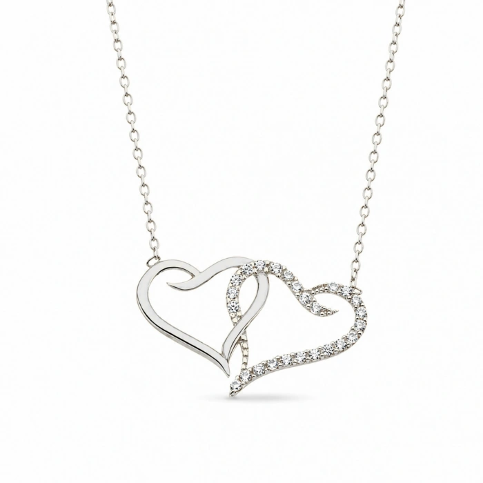 14K Solid Gold Double Heart Necklace, Elegant and Meaningful Two-Heart Necklace for Couples