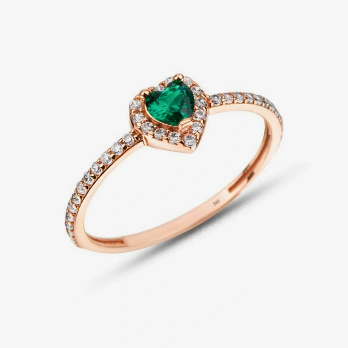 14K Solid Gold Heart Cut Emerald Ring