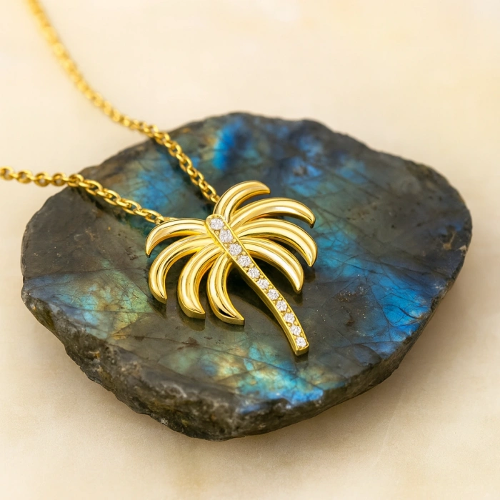 14 Ayar Altın Palmiye Kolye, Tropikal Palmiye Ağacı Altın Kolye