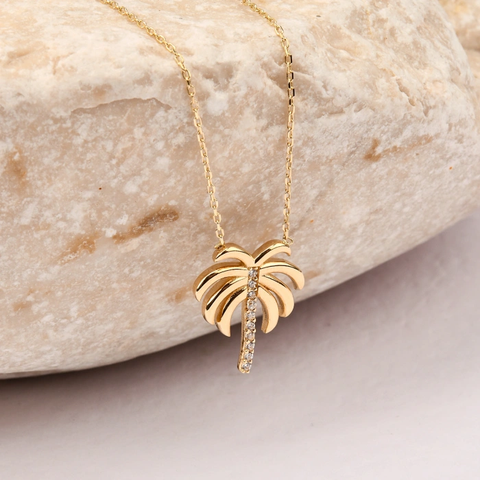 14 Ayar Altın Palmiye Kolye, Tropikal Palmiye Ağacı Altın Kolye