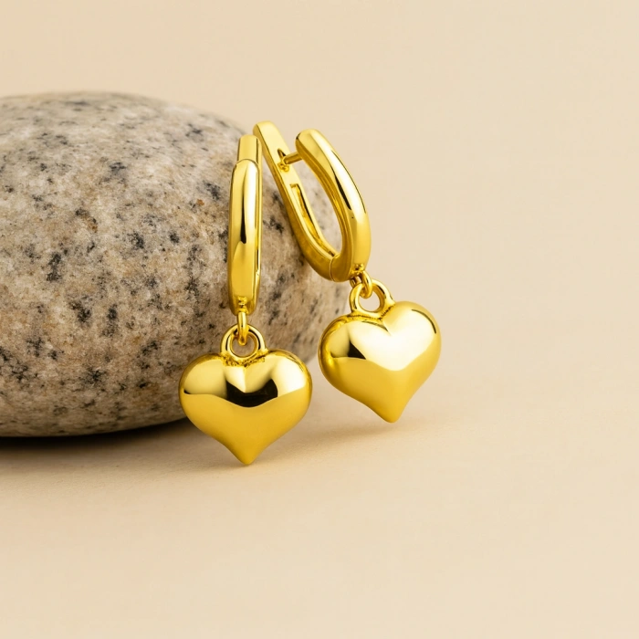 14K Altın Pofuduk Kalp Küpe, Romantik Günlük Altın Takı