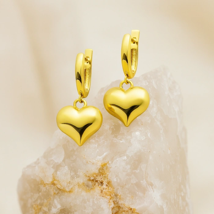 14K Altın Pofuduk Kalp Küpe, Romantik Günlük Altın Takı
