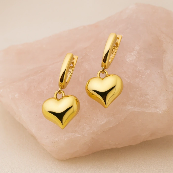14K Altın Pofuduk Kalp Küpe, Romantik Günlük Altın Takı