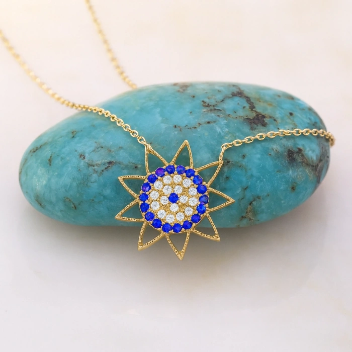 14K Altın Safir Taşlı Güneş Kolye, Minimal Güneş Patlaması Kolye
