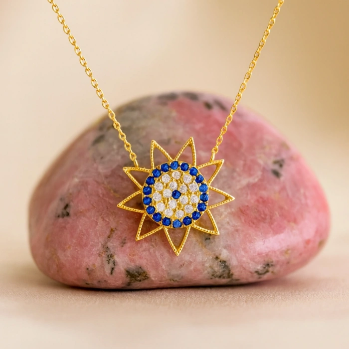 14K Altın Safir Taşlı Güneş Kolye, Minimal Güneş Patlaması Kolye